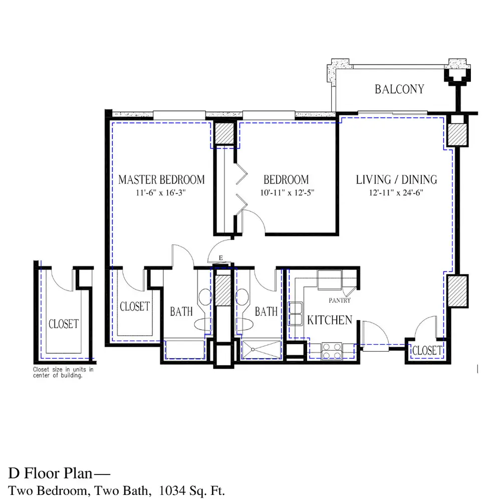 Floor Plan D – two-bedroom residence at The Towers on Park Lane